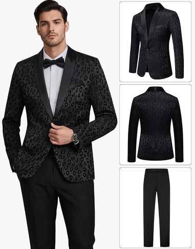 Men's Black Leopard Jacquard Tuxedo Suit Set, Slim Fit 2 Piece Shawl Lapel Blazer and Pants for Prom Wedding Banquet Party in Saudi Arabia