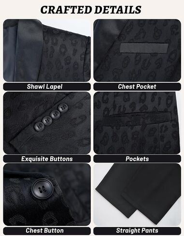 Men's Black Leopard Jacquard Tuxedo Suit Set, Slim Fit 2 Piece Shawl Lapel Blazer and Pants for Prom Wedding Banquet Party in Saudi Arabia