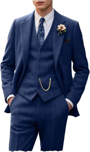 Tweed Retro Men's Suit 3 Piece Slim Fit Herringbone Suits Groom Tuxedos Set Wedding Prom Blazer Jacket Vest Pants for Men in Saudi Arabia