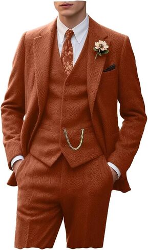 Tweed Retro Men's Suit 3 Piece Slim Fit Herringbone Suits Groom Tuxedos Set Wedding Prom Blazer Jacket Vest Pants for Men in Saudi Arabia