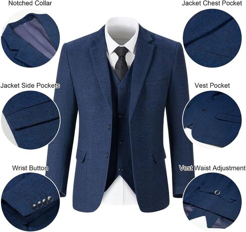 Tweed Retro Men's Suit 3 Piece Slim Fit Herringbone Suits Groom Tuxedos Set Wedding Prom Blazer Jacket Vest Pants for Men in Saudi Arabia