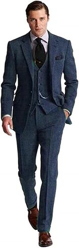 Tweed Retro Men's Suit 3 Piece Slim Fit Herringbone Suits Groom Tuxedos Set Wedding Prom Blazer Jacket Vest Pants for Men in Saudi Arabia