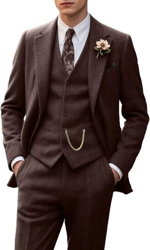 Tweed Retro Men's Suit 3 Piece Slim Fit Herringbone Suits Groom Tuxedos Set Wedding Prom Blazer Jacket Vest Pants for Men in Saudi Arabia