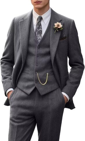 Tweed Retro Men's Suit 3 Piece Slim Fit Herringbone Suits Groom Tuxedos Set Wedding Prom Blazer Jacket Vest Pants for Men in Saudi Arabia