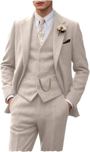 Tweed Retro Men's Suit 3 Piece Slim Fit Herringbone Suits Groom Tuxedos Set Wedding Prom Blazer Jacket Vest Pants for Men in Saudi Arabia