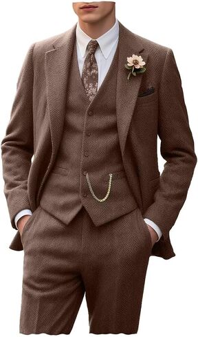 Tweed Retro Men's Suit 3 Piece Slim Fit Herringbone Suits Groom Tuxedos Set Wedding Prom Blazer Jacket Vest Pants for Men in Saudi Arabia
