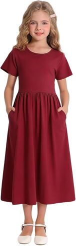 HenzWorld Girls Dress Short Sleeve Floral Summer Casual Dresses Girls Maxi Dress with Pockets for 8-14 Years in Kuwait
