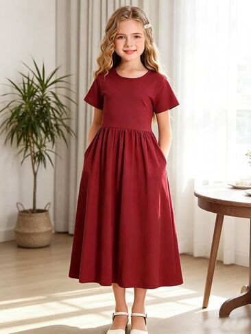 HenzWorld Girls Dress Short Sleeve Floral Summer Casual Dresses Girls Maxi Dress with Pockets for 8-14 Years in Kuwait