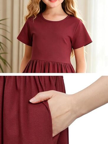 HenzWorld Girls Dress Short Sleeve Floral Summer Casual Dresses Girls Maxi Dress with Pockets for 8-14 Years in Kuwait