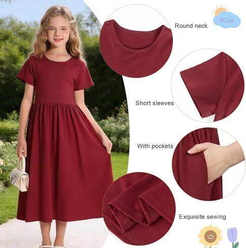 HenzWorld Girls Dress Short Sleeve Floral Summer Casual Dresses Girls Maxi Dress with Pockets for 8-14 Years in Kuwait