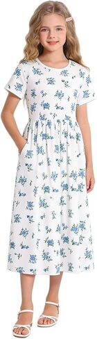 HenzWorld Girls Dress Short Sleeve Floral Summer Casual Dresses Girls Maxi Dress with Pockets for 8-14 Years in Kuwait