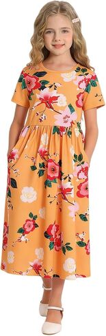 HenzWorld Girls Dress Short Sleeve Floral Summer Casual Dresses Girls Maxi Dress with Pockets for 8-14 Years in Kuwait