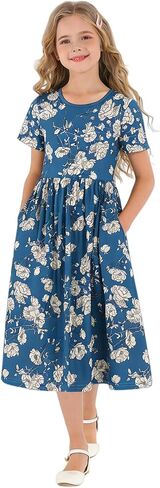 HenzWorld Girls Dress Short Sleeve Floral Summer Casual Dresses Girls Maxi Dress with Pockets for 8-14 Years in Kuwait