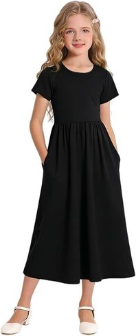 HenzWorld Girls Dress Short Sleeve Floral Summer Casual Dresses Girls Maxi Dress with Pockets for 8-14 Years in Kuwait