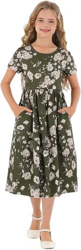 HenzWorld Girls Dress Short Sleeve Floral Summer Casual Dresses Girls Maxi Dress with Pockets for 8-14 Years in Kuwait
