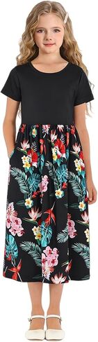 HenzWorld Girls Dress Short Sleeve Floral Summer Casual Dresses Girls Maxi Dress with Pockets for 8-14 Years in Kuwait