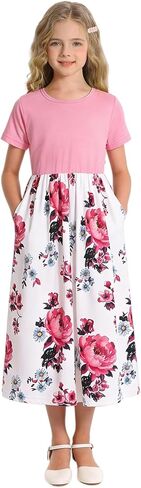 HenzWorld Girls Dress Short Sleeve Floral Summer Casual Dresses Girls Maxi Dress with Pockets for 8-14 Years in Kuwait