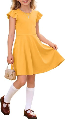 Girls Dress Kids Flutter Sleeve Dress Summer Crew Neck Ruffle Sleeve A Line Casual Party Sundress 5-14 Years in Kuwait