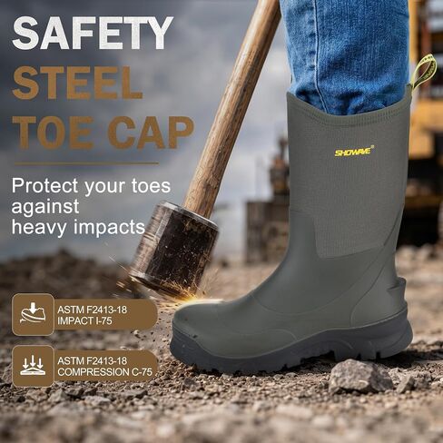 Showave Men's 13″ Rubber Work Boots Steel Toe Rain Boots Waterproof Hunting Boot for Farming Construction Fishing Outdoor in Saudi Arabia
