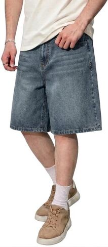 LOGEQI Men's Baggy Jean Shorts Y2K Jorts Vintage Wide Leg Denim Shorts Loose Fit Skater Streetwear Knee Length Casual Pants in Saudi Arabia
