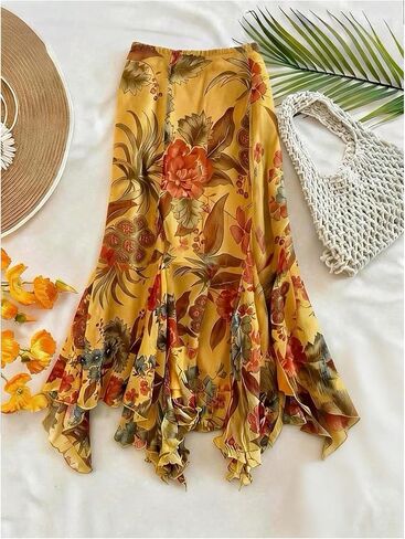 تنورة BEAUDRM النسائية متوسطة الطول بنقشة الزهور من Boho بخصر مطاطي وكشكشة غير متماثلة، تنورة صيفية للعطلات in Kuwait
