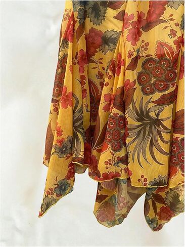 تنورة BEAUDRM النسائية متوسطة الطول بنقشة الزهور من Boho بخصر مطاطي وكشكشة غير متماثلة، تنورة صيفية للعطلات in Kuwait