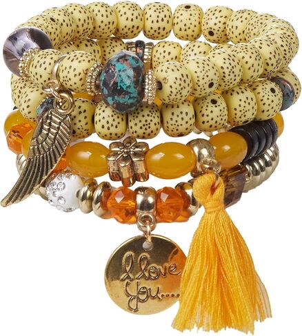 4 Sets Bohemian Stackable Bead Bracelets for Women, Stretch Multilayer Multicolor Beaded Strand Bangle Charm Boho Tassel Bracelet Set, Handmade Crystal Evil Eye Gemstone Jewelry in Kuwait