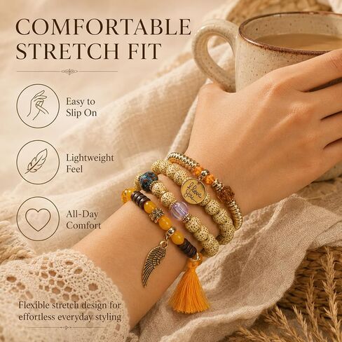 4 Sets Bohemian Stackable Bead Bracelets for Women, Stretch Multilayer Multicolor Beaded Strand Bangle Charm Boho Tassel Bracelet Set, Handmade Crystal Evil Eye Gemstone Jewelry in Kuwait