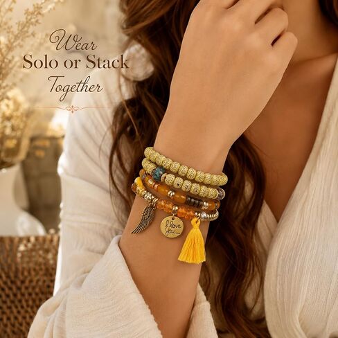 4 Sets Bohemian Stackable Bead Bracelets for Women, Stretch Multilayer Multicolor Beaded Strand Bangle Charm Boho Tassel Bracelet Set, Handmade Crystal Evil Eye Gemstone Jewelry in Kuwait