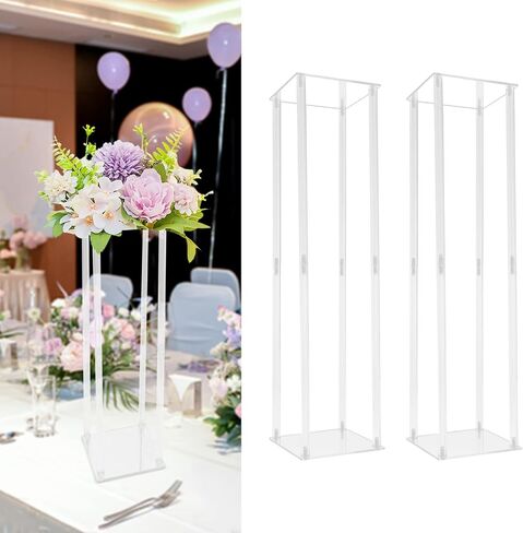 2 Pcs Clear Wedding Flower Stand Acrylic Vase Column Stand 40'' Tall Centerpiece Wedding Decoration Vase Elegant Acrylic Flower Stand Tabletop Display Rack Clear Column Pillar Square Props in Kuwait
