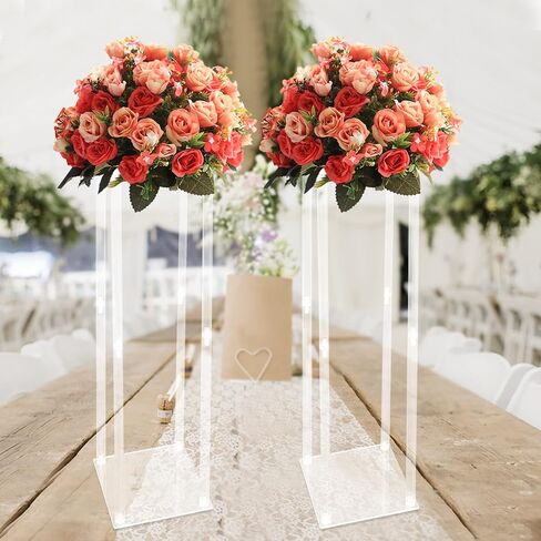 2 Pcs Clear Wedding Flower Stand Acrylic Vase Column Stand 40'' Tall Centerpiece Wedding Decoration Vase Elegant Acrylic Flower Stand Tabletop Display Rack Clear Column Pillar Square Props in Kuwait
