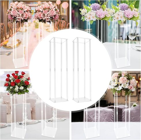2 Pcs Clear Wedding Flower Stand Acrylic Vase Column Stand 40'' Tall Centerpiece Wedding Decoration Vase Elegant Acrylic Flower Stand Tabletop Display Rack Clear Column Pillar Square Props in Kuwait