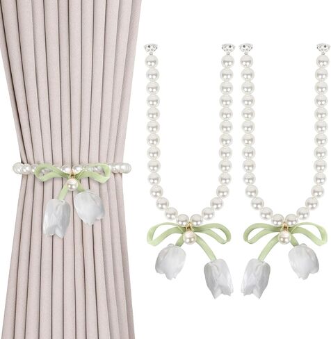 Meplait 2 Pack Magnetic Curtain Tiebacks, Curtain Holdbacks with Tulip Flower & Pearl Adjustable No Drill Curtain Tie Backs for Living Room Bedroom Baby Nursery Home Decor (White) in Saudi Arabia