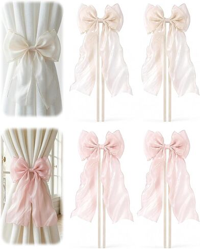 4 Pack French Silky Bow Curtain Tiebacks, 2 Pink & 2 White Ribbon Bow Ties for Aesthetic Home Bedroom, Wedding, Party Decor in Saudi Arabia