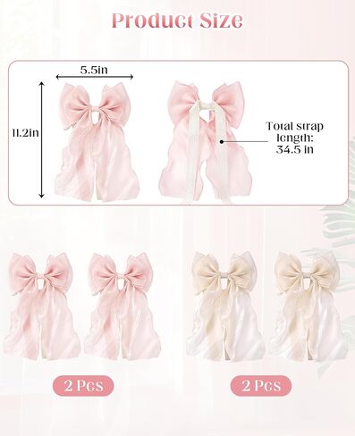 4 Pack French Silky Bow Curtain Tiebacks, 2 Pink & 2 White Ribbon Bow Ties for Aesthetic Home Bedroom, Wedding, Party Decor in Saudi Arabia