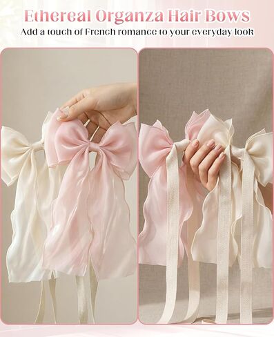 4 Pack French Silky Bow Curtain Tiebacks, 2 Pink & 2 White Ribbon Bow Ties for Aesthetic Home Bedroom, Wedding, Party Decor in Saudi Arabia