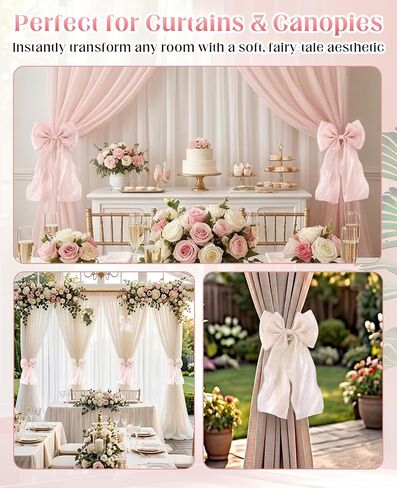 4 Pack French Silky Bow Curtain Tiebacks, 2 Pink & 2 White Ribbon Bow Ties for Aesthetic Home Bedroom, Wedding, Party Decor in Saudi Arabia