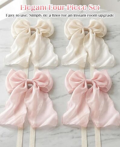 4 Pack French Silky Bow Curtain Tiebacks, 2 Pink & 2 White Ribbon Bow Ties for Aesthetic Home Bedroom, Wedding, Party Decor in Saudi Arabia