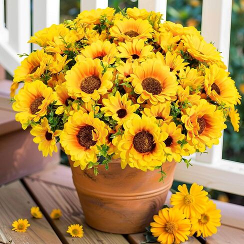 Artificial Sunflowers for Outdoors, 10 Bundles Fake Silk Sunflowers with Eucalyptus Leaves UV Resistant for Home Outside Front Door Porch Planters Garden Balcony Yard Patio Wedding Party Decor in Saudi Arabia