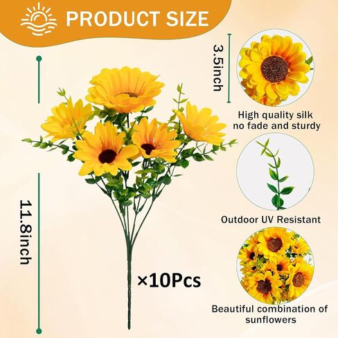 Artificial Sunflowers for Outdoors, 10 Bundles Fake Silk Sunflowers with Eucalyptus Leaves UV Resistant for Home Outside Front Door Porch Planters Garden Balcony Yard Patio Wedding Party Decor in Saudi Arabia