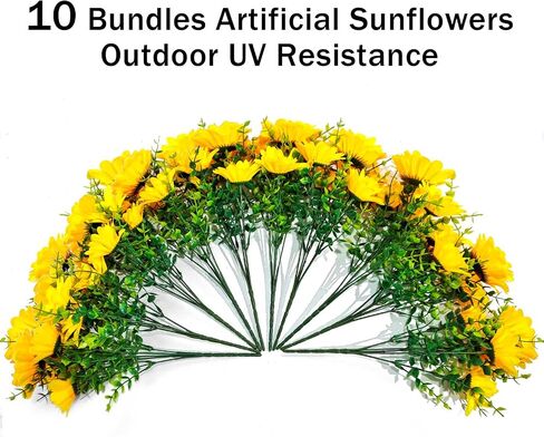 Artificial Sunflowers for Outdoors, 10 Bundles Fake Silk Sunflowers with Eucalyptus Leaves UV Resistant for Home Outside Front Door Porch Planters Garden Balcony Yard Patio Wedding Party Decor in Saudi Arabia