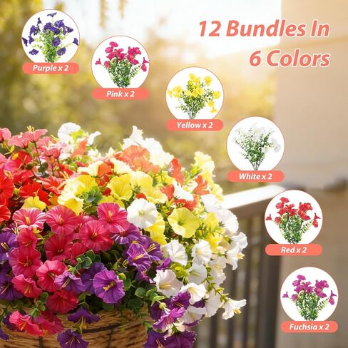 BSGlobal 12 Bundles Artificial Flowers for Outdoors Decoration, Faux Silk Morning Glory Flowers UV Resistant Fake Eucalyptus Plants for Spring Summer Garden Patio Home Decor (Mix) in Kuwait