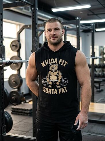 Iron Panda Men's Workout Hooded Tank Tops Sleeveless Gym Hoodies Bodybuilding Muscle Shirts-Kinda FIT Sorta Fat Hooded Tank in Kuwait