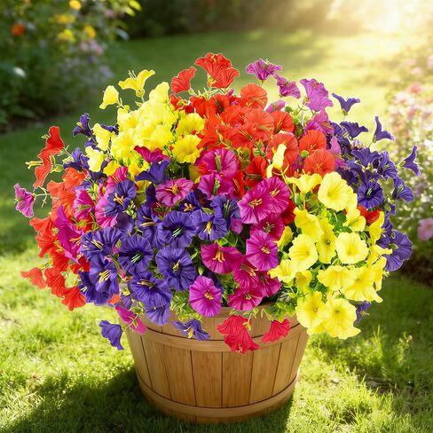 BSGlobal 12 Bundles Artificial Flowers for Outdoors Decoration, Faux Silk Morning Glory Flowers UV Resistant Fake Eucalyptus Plants for Spring Summer Garden Patio Home Decor (Mix) in Kuwait