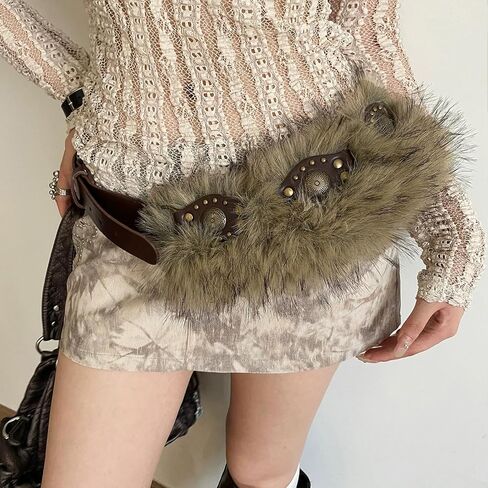 Brown Faux Fur Leather Belt for Women, Y2K Fashion Pin Buckled Cheetah Festival Belts for Viking in Saudi Arabia