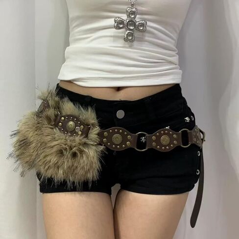 Brown Faux Fur Leather Belt for Women, Y2K Fashion Pin Buckled Cheetah Festival Belts for Viking in Saudi Arabia