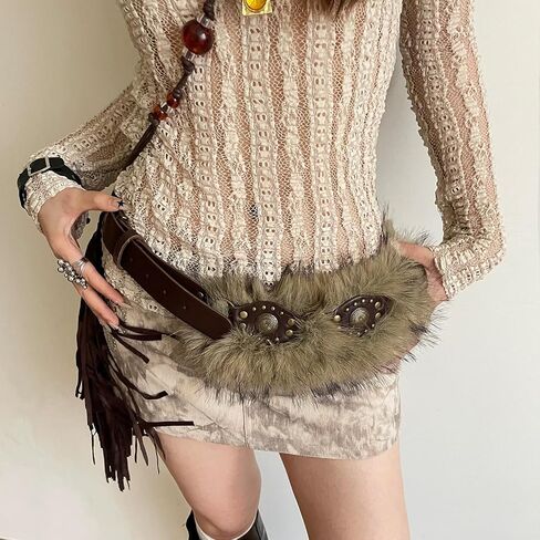 Brown Faux Fur Leather Belt for Women, Y2K Fashion Pin Buckled Cheetah Festival Belts for Viking in Saudi Arabia