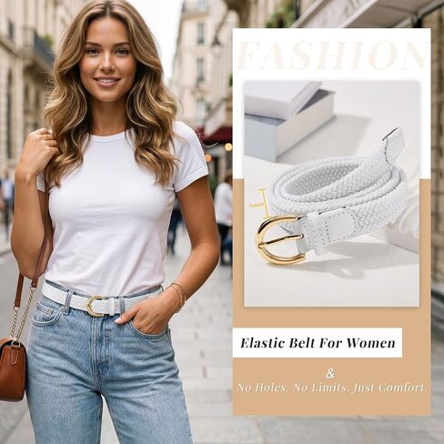 JASGOOD Braided Belt for Women, Elastic Stretch Woven Golf Fabric Cloth Thin Waist Belt for Jeans Pants,Gold Buckle in Kuwait