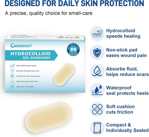 24 Pack Advanced Fast Healing Hydrocolloid Gel Bandages, 0.83'' x 1.65'' FSA Eligible HSA Waterproof Wound Care Soft Pads for Minor Cuts & Scrapes in Kuwait