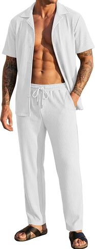 Men's 2 Piece Pleated Textured Outfit Summer Casual Short Sleeve Button Down Shirt And Pants Matching Sets in Saudi Arabia
